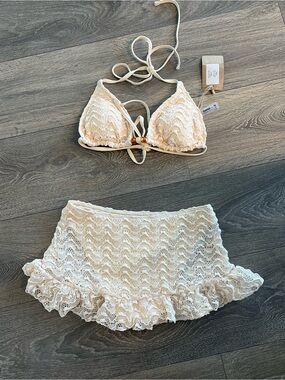 NWT Cream Lace Bikini Top & Ruffle Skirt Set
